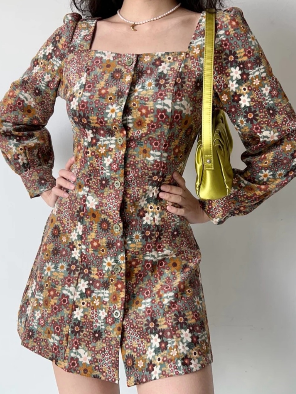 Cider Floral Corduroy Mini Dress Brown Retro 70s Boho Button Up Square Neck XS